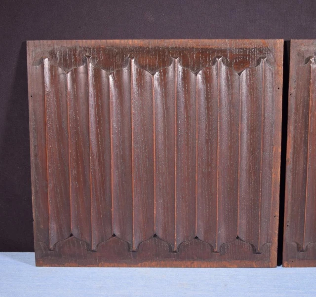 *Pair of French Antique Gothic Revival Panels in Solid Oak Wood Linen Fold 5