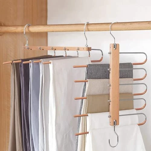 Magic Pants Hangers, Space Saving Closet Hangers 5 Layers 2 1 Pack, Natural