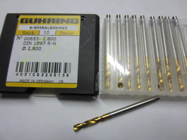 10 - GUHRING 00653-2.800 2.8mm HSS Stub Machine Length TiN Coated Twist Drills