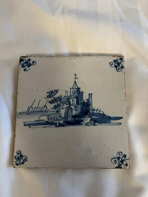 Antique 18th century blue painted Dutch Delft tile - Old house  #1