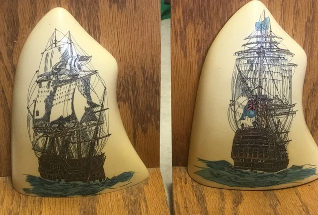 FAUX SCRIMSHAW WHALE TOOTH OAK BOOKENDS British Victory Sailboat Handmade Signed