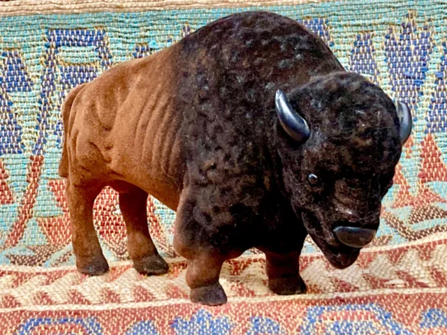 Vintage Flocked Buffalo Felted Fuzzy Bison Brown Animal Figure Collectible Toy