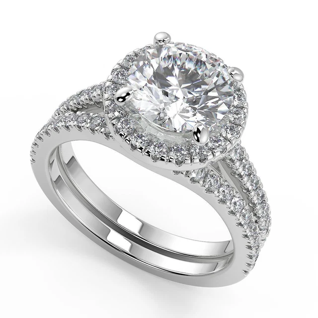 1.9 Ct Round Cut Classic Halo Pave Diamond Engagement Ring VS1 D Treated