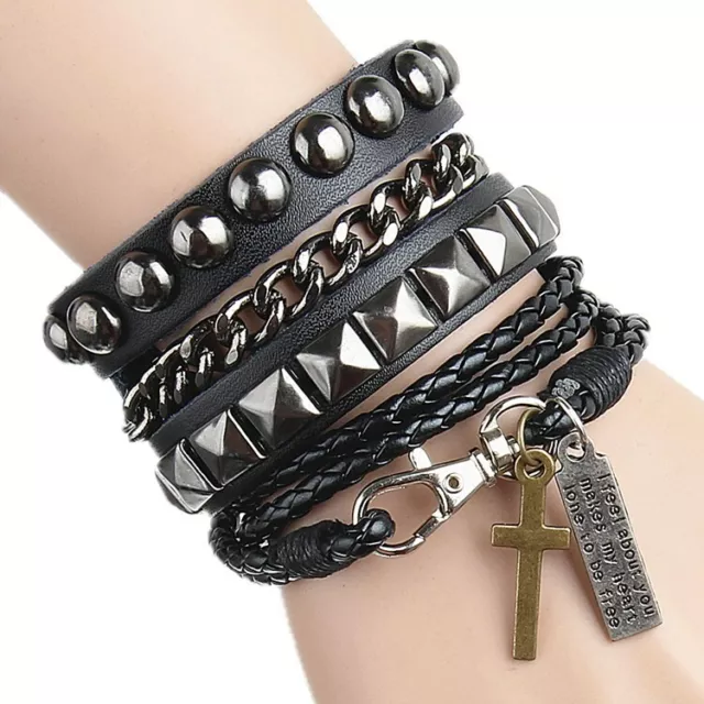 3 Color Men Women Multilayer Leather Bracelet Bangle Wristband Cuff Jewelry US