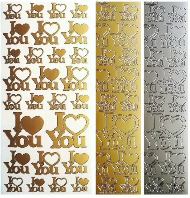 I LOVE YOU Peel Off Stickers Hearts Card Making Valentines Romance Gold Silver