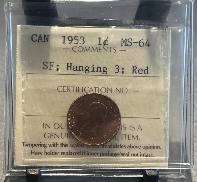 1953 Canada Cent Penny Red SF Hanging 3 ICCS MS-64 RARE