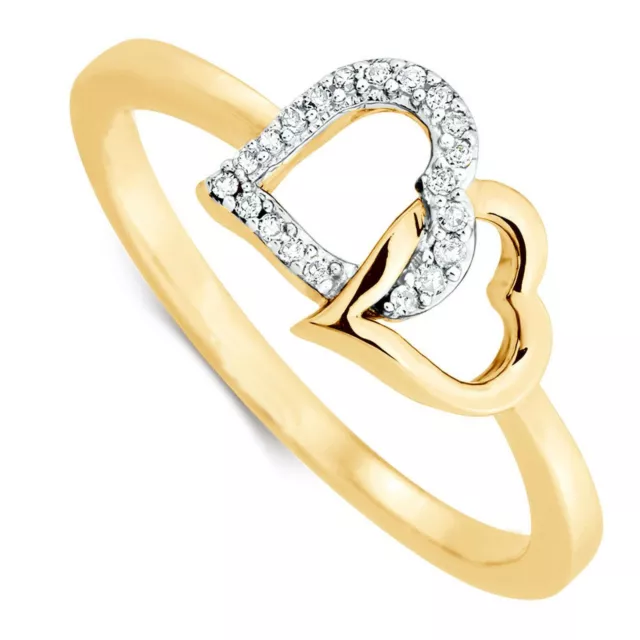 14k or Jaune Plaqué Simulé Diamants Double Coeur Promesse Fiançailles Bague