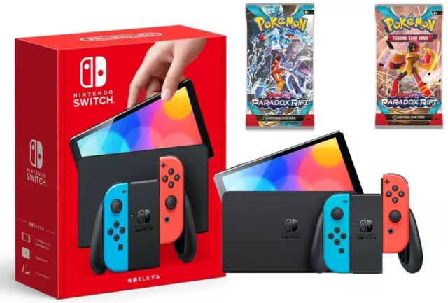 NEW Nintendo Switch OLED 64GB Neon Red Blue + Pokemon Booster Pack Bundle