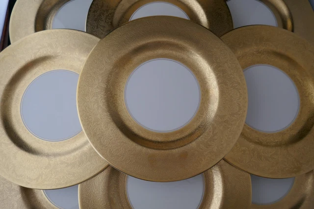 Vintage Set 10 Pickard Wide Gold Encrusted Service Charger Dinner Plates #2025