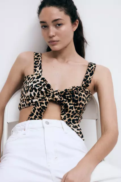 H M KNOT DETAIL TOP Corto Camicia Blusa Bralet Stampa Animale Leopardo Grande EUR 36 71 PicClick IT