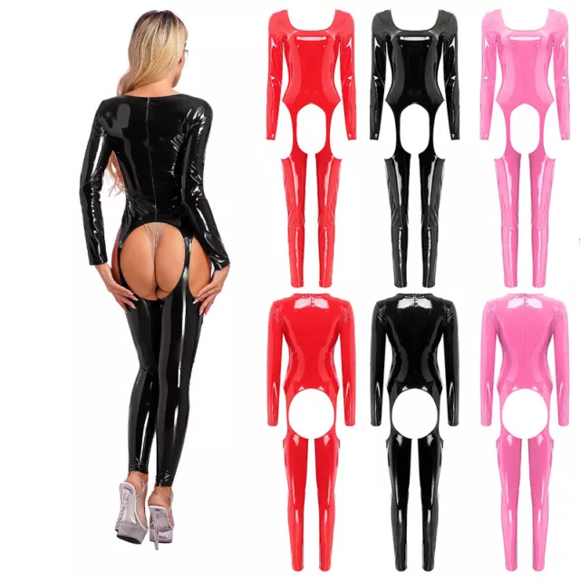 UK Women's Sexy PVC Leather Full Bodysuit One Piece Suspender Jumpsuits Catsuit