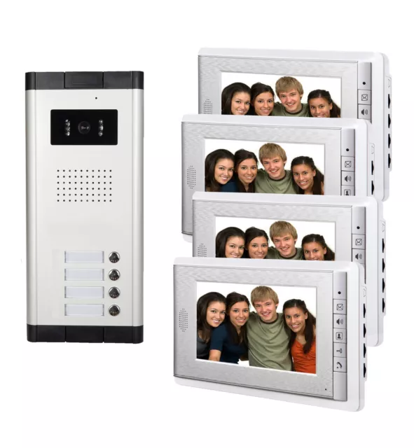 4 unit Apartment Intercom System 7" Video Door Phone Visual Intercom Doorbell