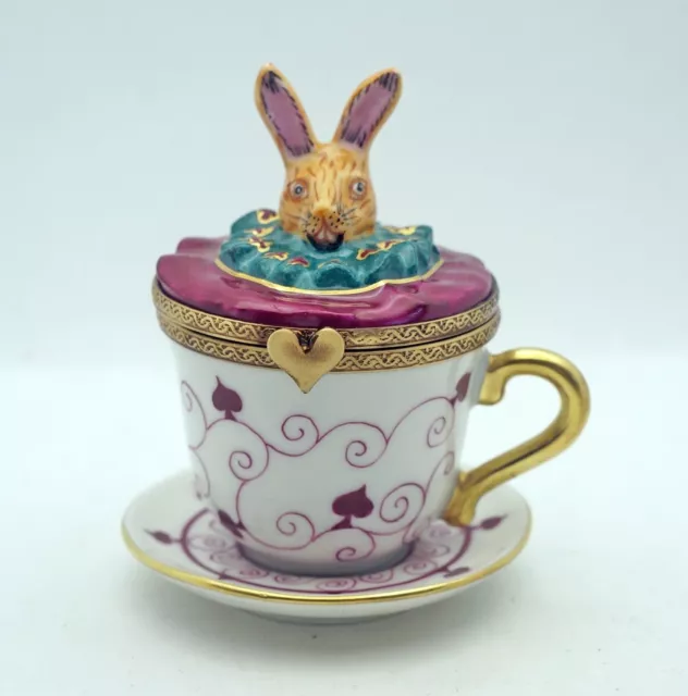 New HandPainted French Limoges Trinket Box Alice in Wonderland Rabbit in Tea Cup