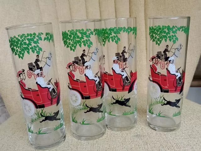 set of 4 vintage Libbey drink glasses with vintage car image 18cm tall x 6cm dia