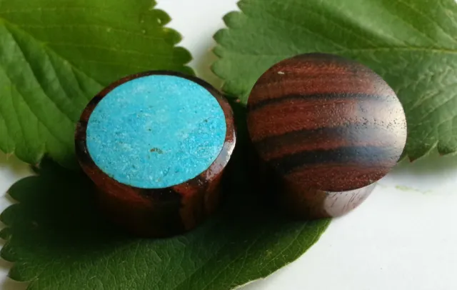 1 Pair Handcrafted Turquoise Blue Stone Sono Wood Double Flared Ear Plugs Gauges