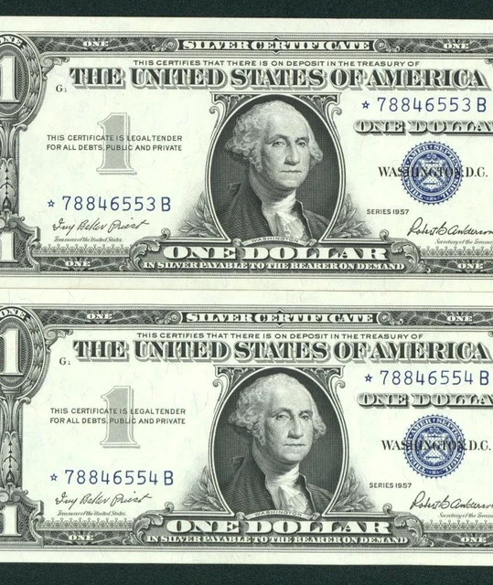 **STAR** ((TWO CONSECUTIVE)) $1 1957  ((CHOICE AU)) Silver Certificate Note