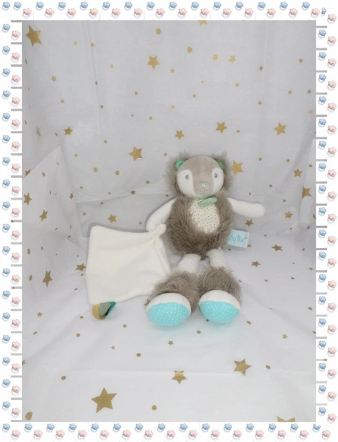 ⑬ - Doudou Peluche Ours Frisounours Blanc Taupe Bleu/Vert Mouchoir Baby Nat