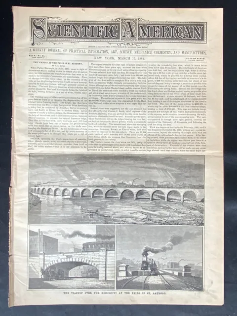 1884 Scientific American Cover Page ~ Mississippi River Viaduct St Anthony Falls