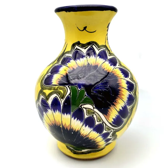 9" Talavera Castillo Mexico Vase Hand Painted Ceramic Pottery Yellow Blue Flower