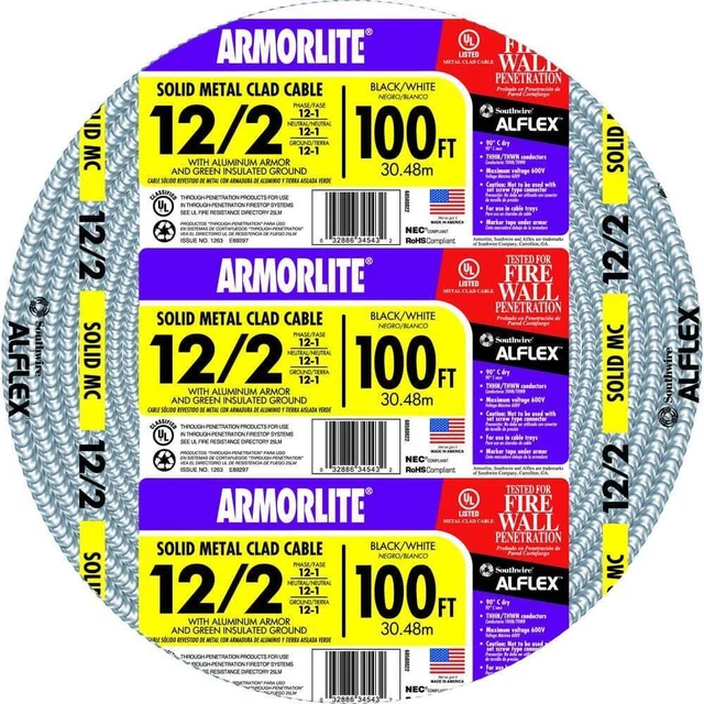 100 Ft 12-Gauge/2-Gauge Solid CU MC Metal Clad Armorlite Cable Plaster Finished
