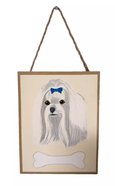 Maltese Dog Wood Sign Picture Hanging Puppy Bone Blue Bow Decore 8"X 6"