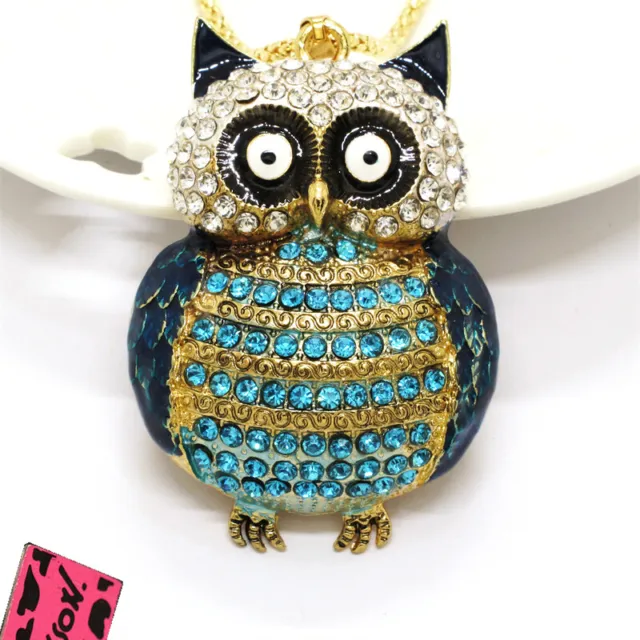 Hot Betsey Johnson Blue Rhinestone Cute Owl Bird Crystal Pendant Chain Necklace