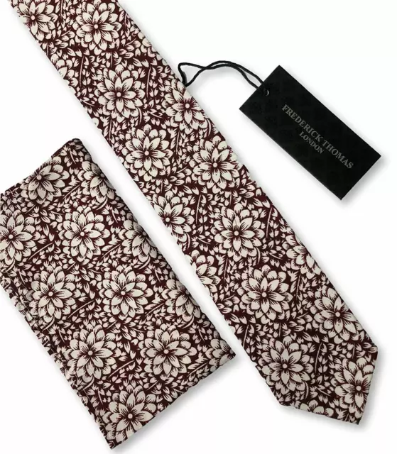 Frederick Thomas matching maroon floral mens tie and pocket square necktie set