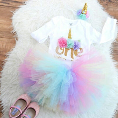 First Birthday Unicorn Dress Outfits Romper Skirt 3PCS Clothes For Baby Girls