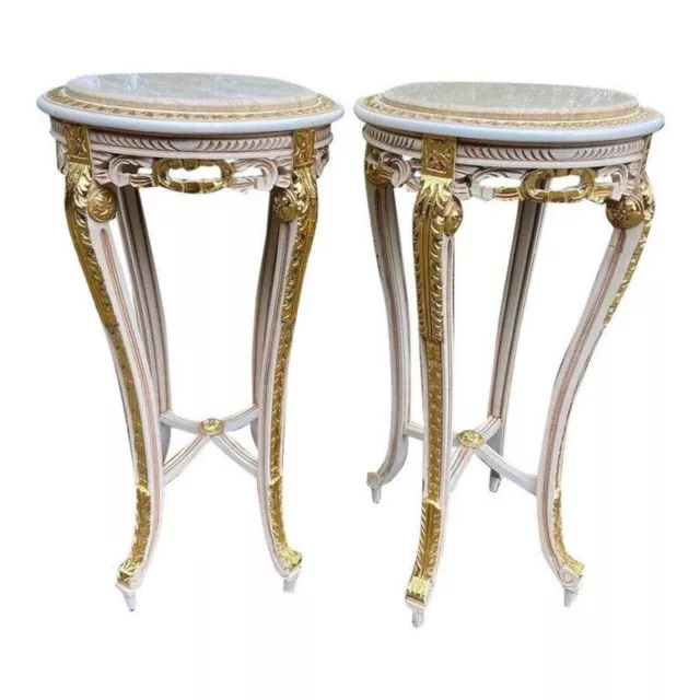 Chic Louis XVI Pedestal Tables: White, Gold Accents, Marble Top 2