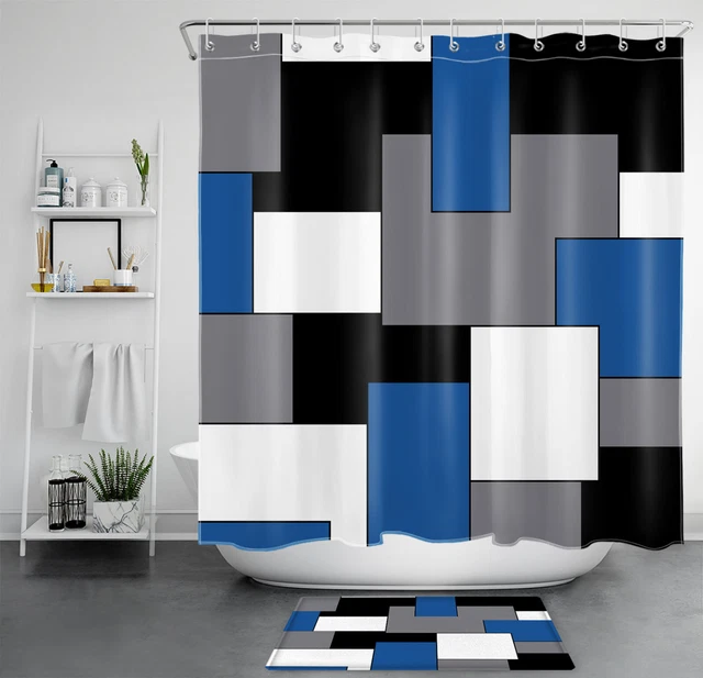 Juego de cortinas de ducha de patrón geométrico azul azulado negro blanco para decoración de baño