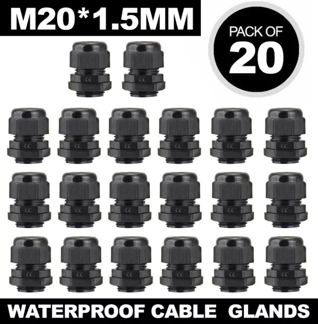 20X 20Mm Black M20 Cable Gland Waterproof Ip68 Compression Stuffing Lock Nut Led