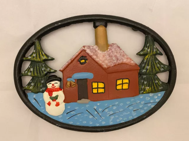 Vintage Cast Iron Painted Christmas Snowman ⛄️Kitchen Hot Plate / Trivet