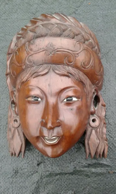 Carved Wood Hanging Mask Vintage Asian Face Inlaid Teeth Glass Eyes