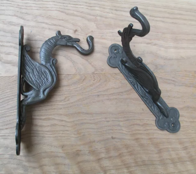 PAIR of cast iron coat wall hook Phoenix Dragon hanging garden hook peg hanger