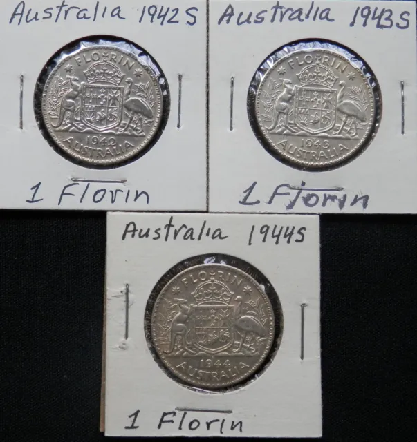 Australia, 3 Diff 1 Florin Silver Coins: 1942S, 43S, 44S, Circ & Unc,  Lot#392