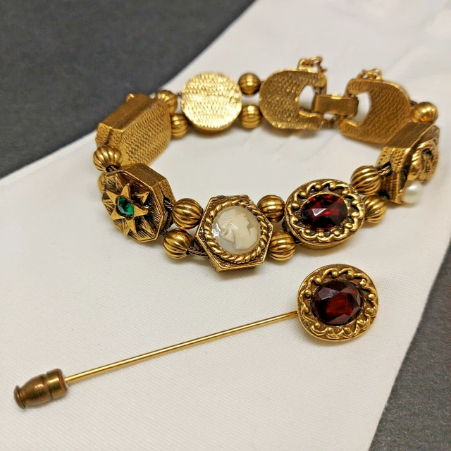 Vintage Goldette Unsigned Slide Charm Bracelet & Matching Stick Pin
