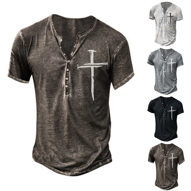 Uomo Manica Corta 3D Stampa Top Casual Largo V Collo Vintage Bottoni T Shirt Tee