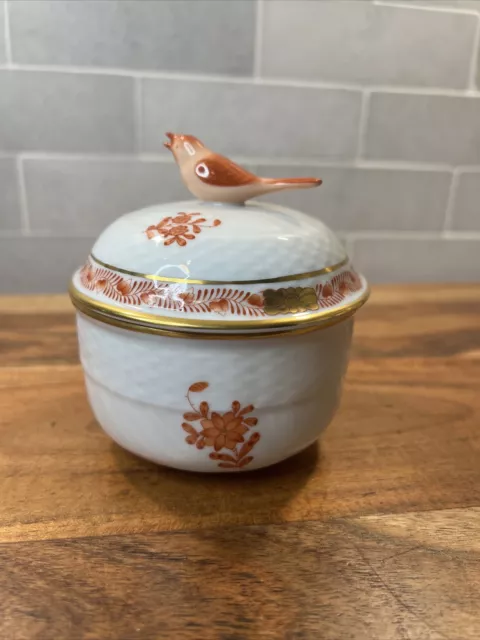 HEREND Hungary 1669 Porcelain Sugar Bowl Rustic Bird Knob Chinese Bouquet