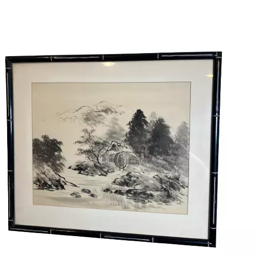 Chinese Ink & Watercolor Landscape Painting On Rice Paper, Signed, Bamboo Frame