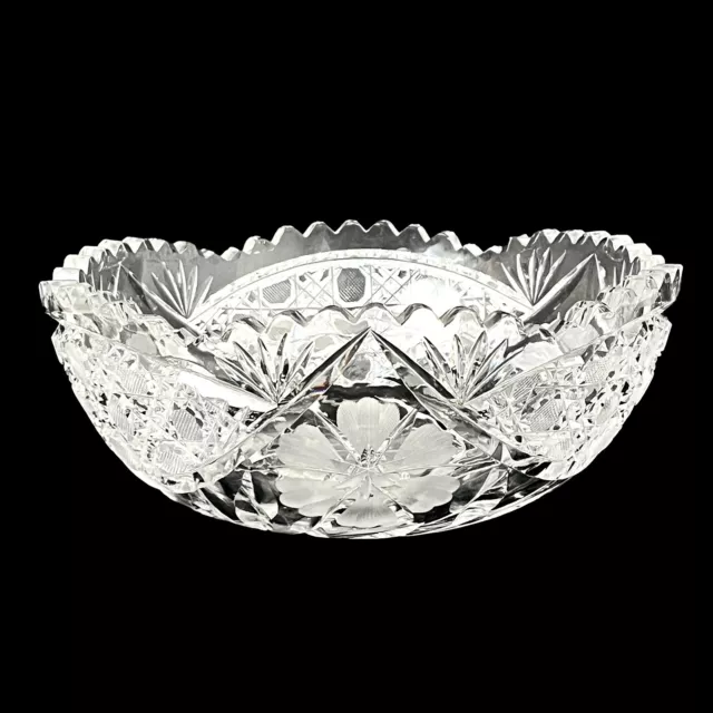 Vintage Heavy Cut Crystal 8” Bowl Etched Floral Button & Sawtooth Rim