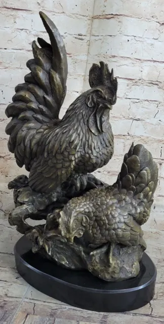 Vintage Solid Brass Roosters Sculpture French Pair Crowing Hen Farm Decor Sale