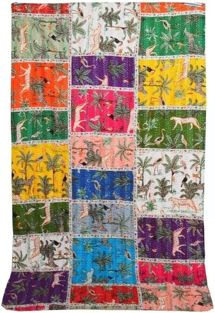 Indian handmade Jungle print Traditional Multi Patchwork kantha Throw 108X90  In