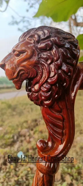 Hand Carved Lion Handle Wooden Walking Cane Handmade Walking Stick Christmas GR
