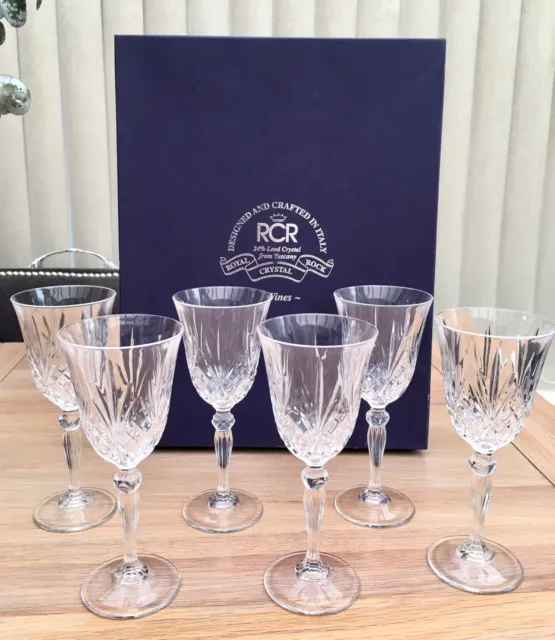 6 RCR Lead Crystal Wine Glasses Boxed Royal Crystal Rock