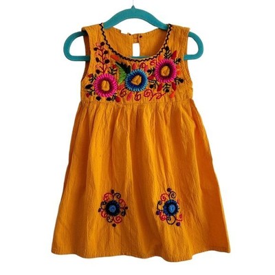 Mexican Baby Girl Size 2T Embroidered Bright Yellow Floral Sleeveless Dress