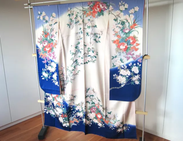 Kimono blu formale giapponese Furisode fiori primavera Vintage100%Seta