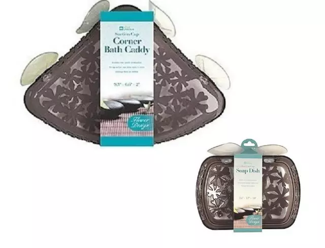 2 piece Bath Set Suction Corner Caddy & Soap Dish Floral Design Charcoal