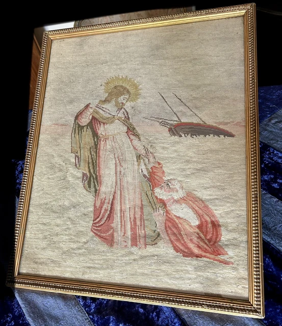 Ricamo Antico, Cristo Raggiunto Dapietro Sull’acqua, Seconda Meta Xix Secolo.