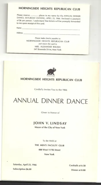 Morningside Hts Repub. Club DINNER DANCE Ticket & Program Honoring JOHN LINDSAY