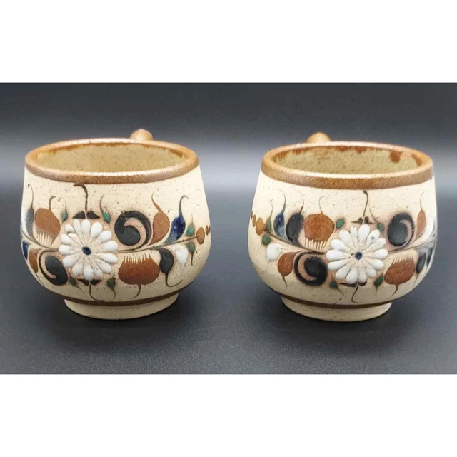 TONALA Sandstone Hand Painted Mexican Small Coffee Tea Cup Set of 2  Signed